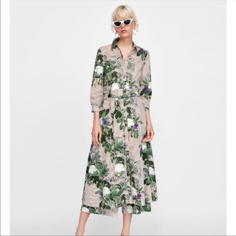 Zara floral leaf and stripe patterned button down shirt midi dress 5454